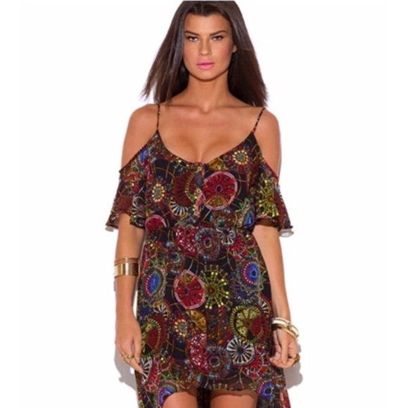 New With Tags Black Print High Low Hem Cold Shoulder Dress Size Small - Picture 2 of 4